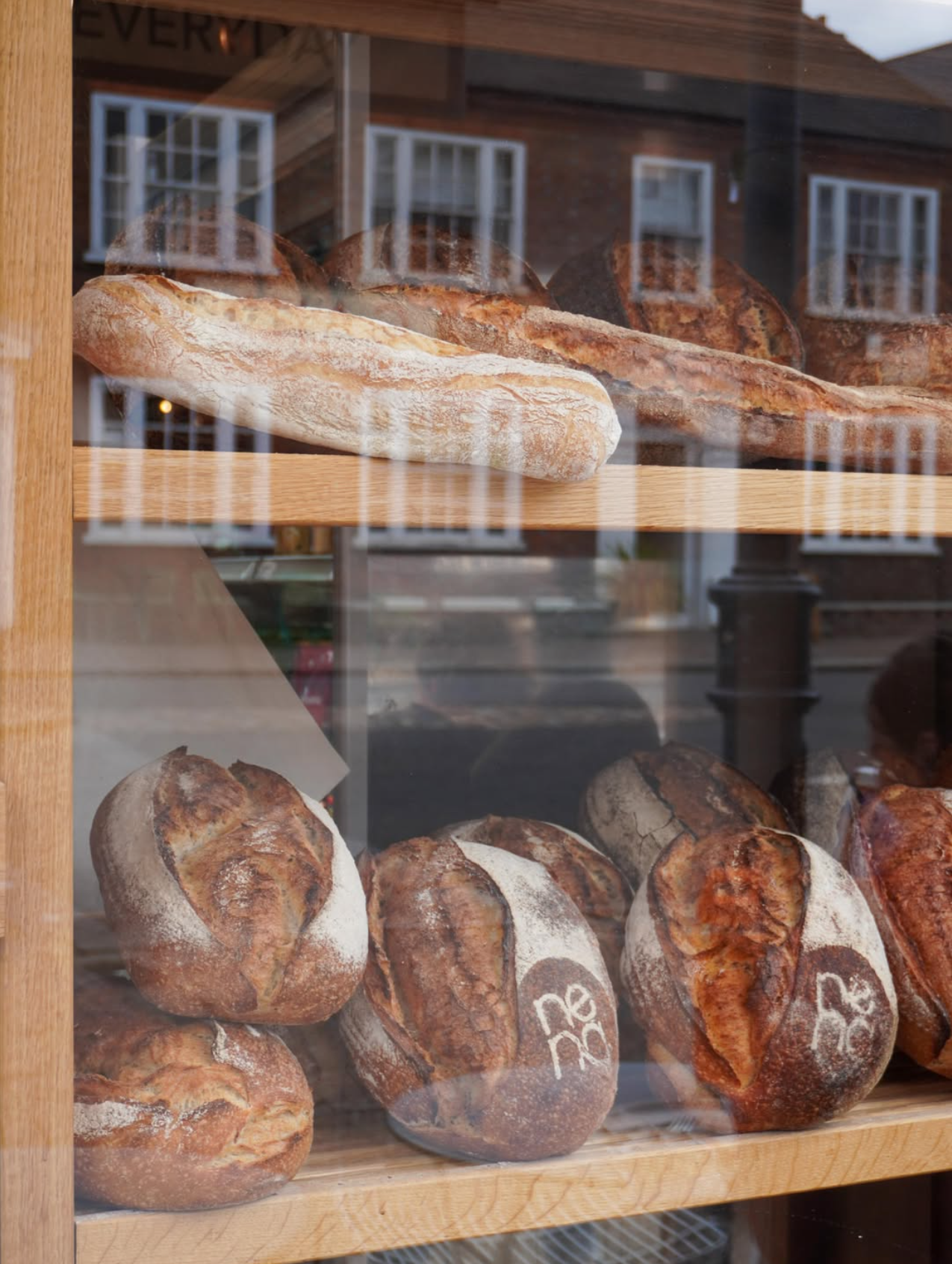 Fresh bread in the window at Nena Craft Bakery